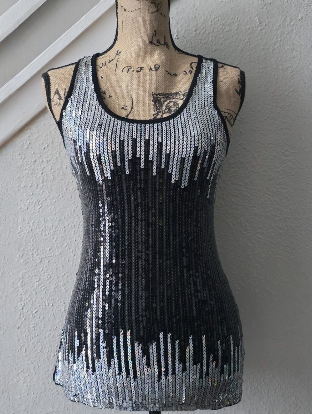 Vintage Say What? Sequin Tank Top Black Silver Sparkle Y2K McBling Medium